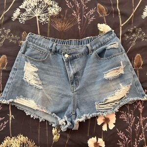 Distressed Jean Shorts With Asymmetrical Button